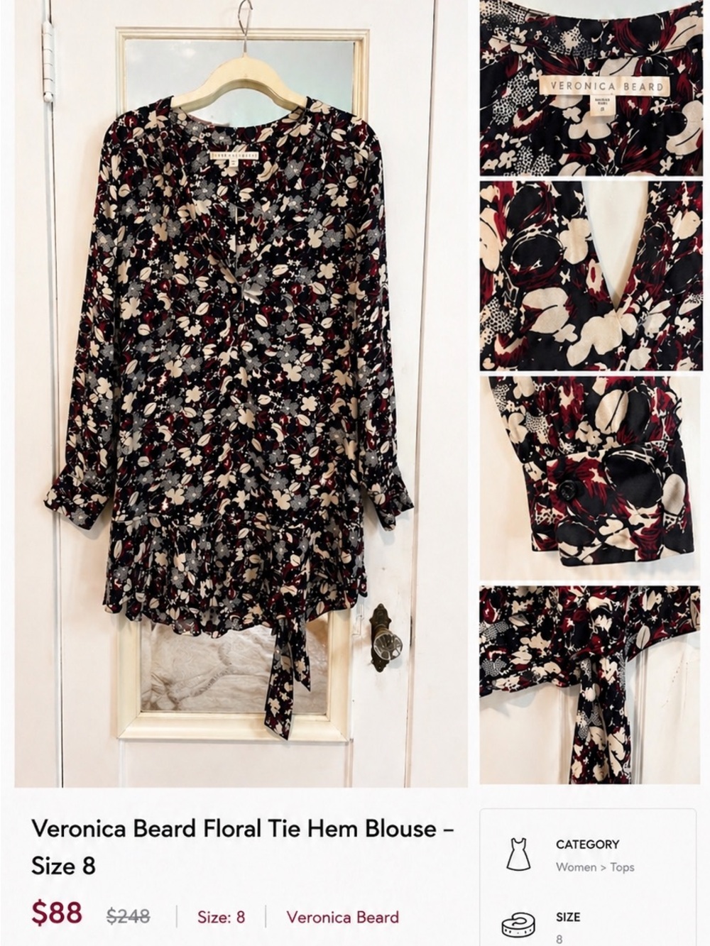 Veronica Beard Black Ivory Burgundy Floral Tie-Hem Blouse